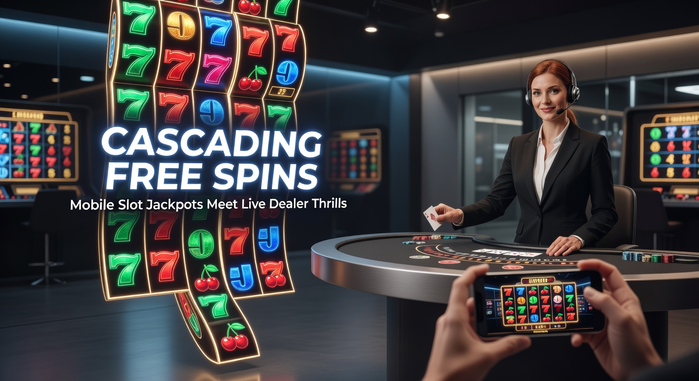 Vibrant mobile slot screen showing cascading symbols triggering free spins amid jackpot counters and live dealer table previews