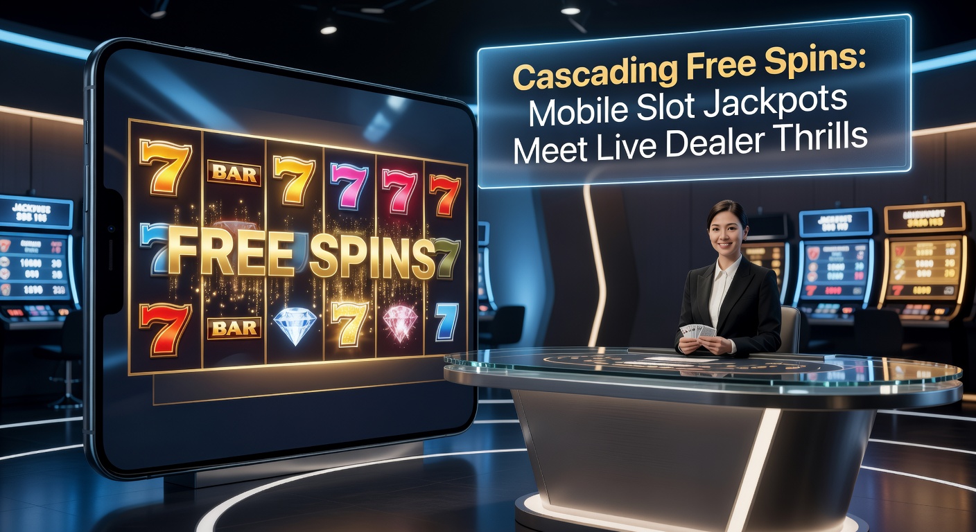 Split-screen mobile view of cascading slot wins transitioning to a live blackjack dealer with jackpot side bets