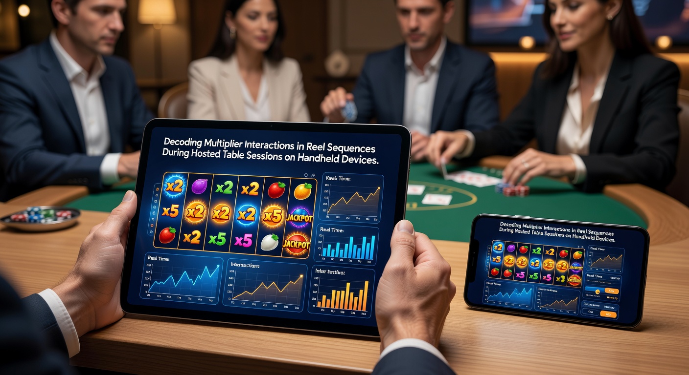 Visualization of multiplier interactions across reel sequences on mobile handheld devices during hosted table sessions