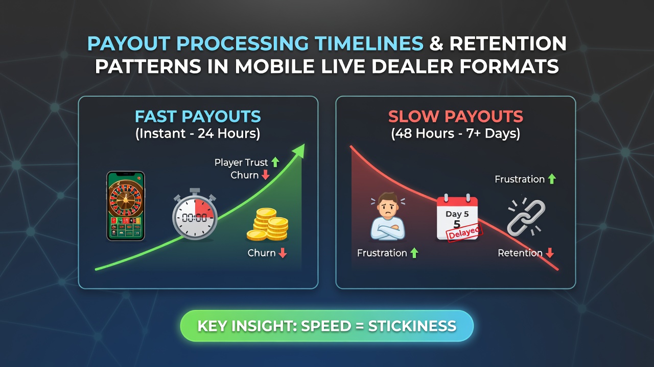 Analytics dashboard displaying retention curves segmented by payout processing speed categories for mobile live dealer users