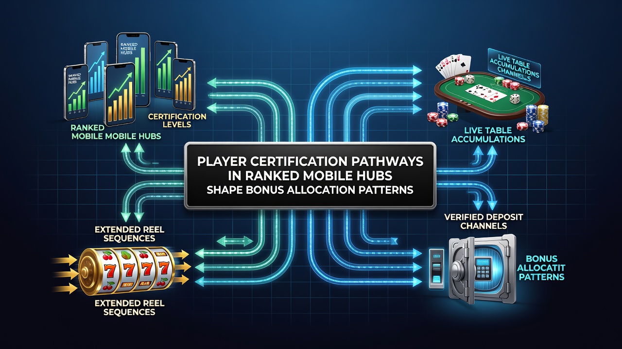 Mobile casino interface showing player certification tiers and bonus allocation on ranked hubs