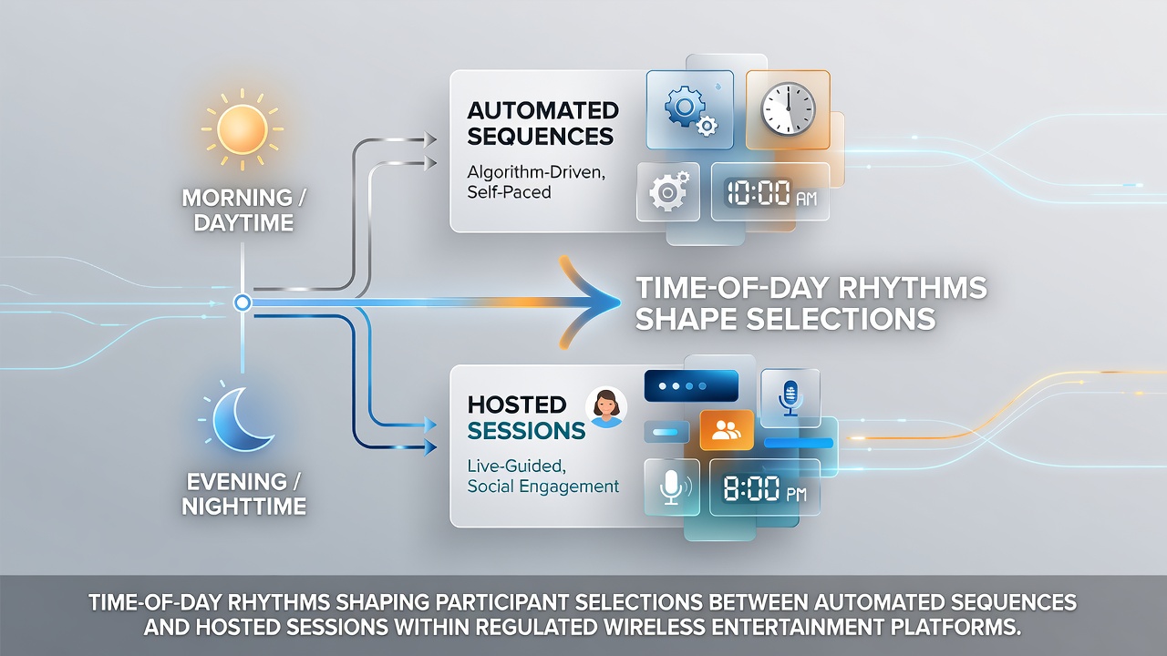 Graph showing participant preferences shifting from automated sequences in morning hours to hosted sessions during evening periods on mobile gaming platforms